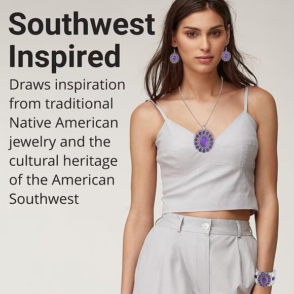 Purple Mojave Howlite Lrg Round Floral Pendant Necklace & matching Hoop Earrings - Picture 11 of 11